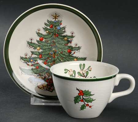 Christmas Tree (Wide Green Band) Flat Demitasse Cup & Saucer Set