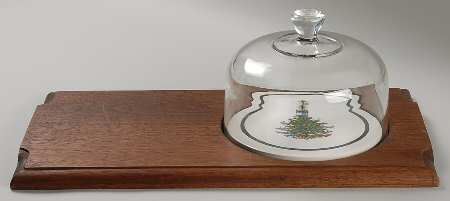 Christmas Tree (Wide Green Band) Rectangular Wood Cheese & Cracker Set W/Glass Dome