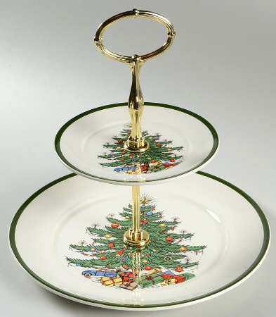 Christmas Tree (Wide Green Band) 2 Tiered Serving Tray (Dinner&Bread/Butter Plate)