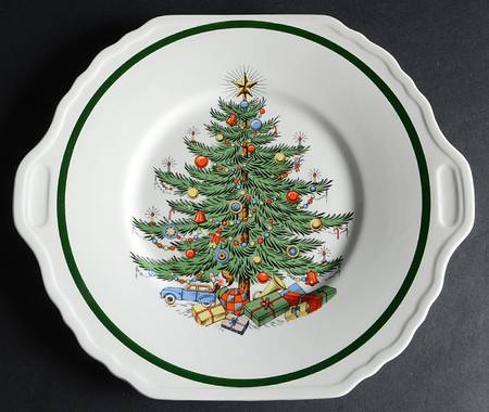 Christmas Tree (Wide Green Band) Square Handled Cake Plate