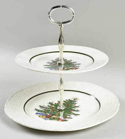 Dickens Embossed Christmas (Cream) 2 Tiered Serving Tray (Dinner & Salad Plate)