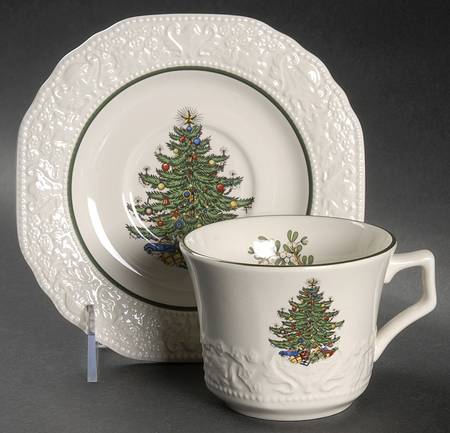Dickens Embossed Christmas (Cream) Flat Cup & Saucer Set