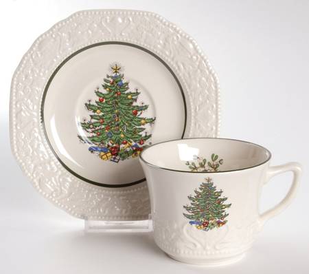Dickens Embossed Christmas (Cream) Flat Cup & Saucer Set