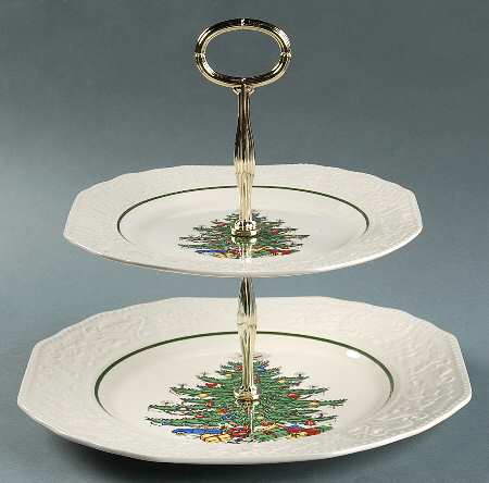Dickens Embossed Christmas (Cream) 2 Tiered Serving Tray (Dinner & Salad Plate)