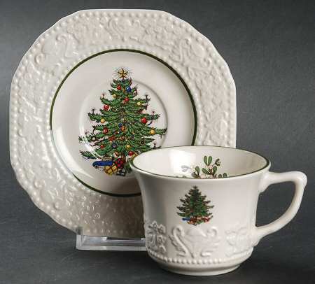 Dickens Embossed Christmas (Cream) Flat Demitasse Cup & Saucer Set