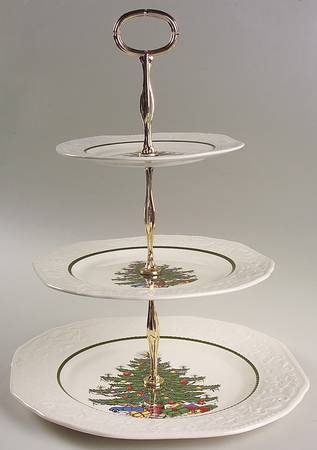 Dickens Embossed Christmas (Cream) 3-Tiered Serving Tray (DP, SP, BB)