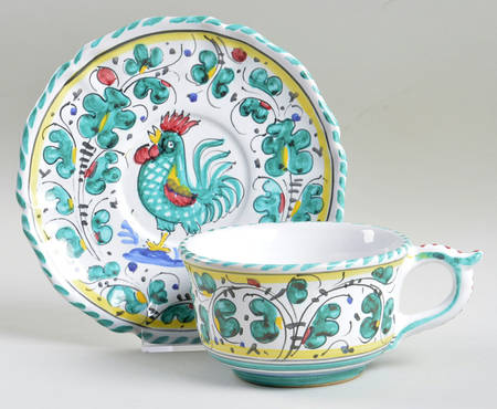 Orvieto Green Rooster Flat Cup & Saucer Set