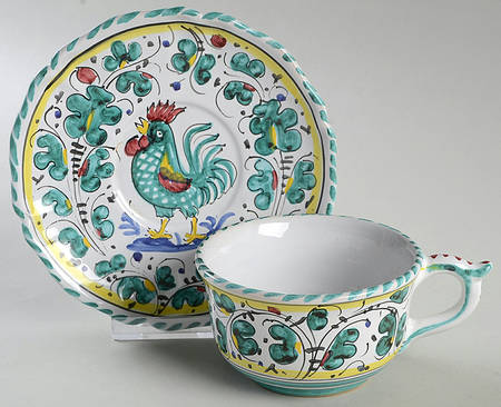 Orvieto Green Rooster Footed Cup & Saucer Set