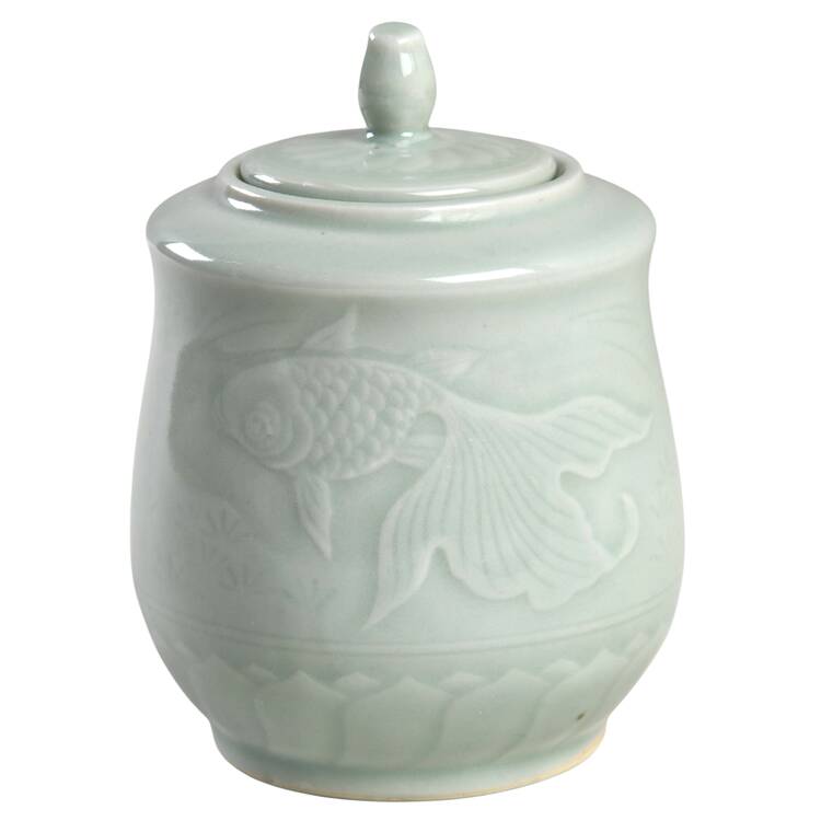Celadon Koi Fish Sugar Bowl & Lid