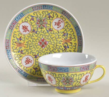 Mun Shou Longevity Yellow Flat Cup & Saucer Set