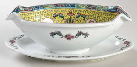 Mun Shou Longevity Yellow Gravy Boat with Attached Underplate