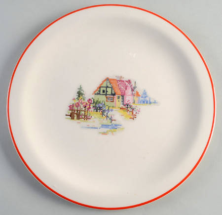 Petit Point House (Red Trim, No Verge) 12" Chop Plate (Round Platter)