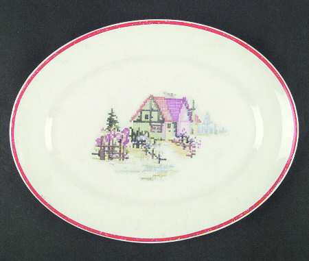Petit Point House (Red Trim, No Verge) 11" Oval Serving Platter