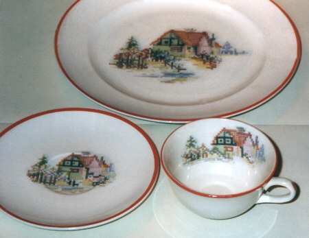 Petit Point House (Red Trim, No Verge) Flat Cup & Saucer Set