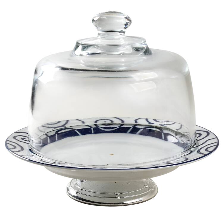 Blue Spiral 6 1/2"-7 1/2" Footed Cheese Plate w/ Glass Dome HC