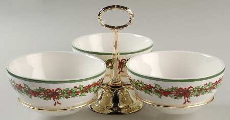 Holiday Celebrations (Green Trim) 7" x 12" 3-Part Relish & Metal Stand (CERC) HC