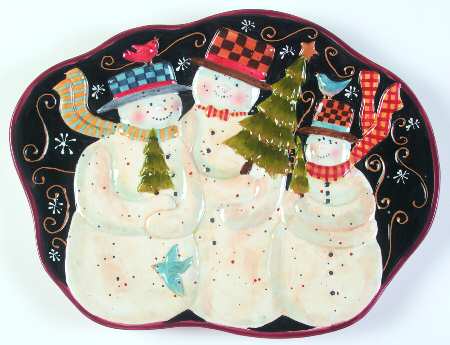 Holiday Greeting (Red Trim) 16" Sculpted Oval Serving Platter