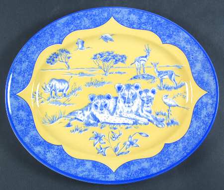 African Inspirations Blue and Yellow 14" Oval Serving Platter