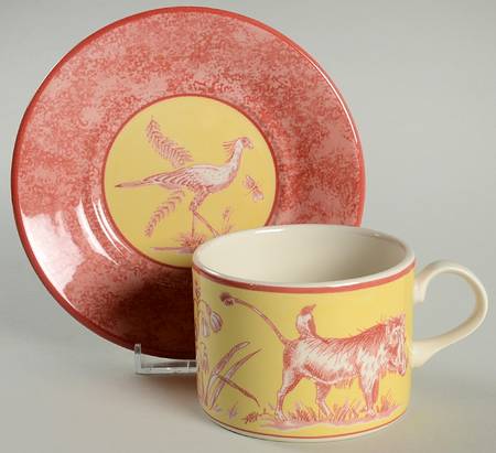 African Inspirations Cranberry and Yellow Flat Cup & Saucer Set