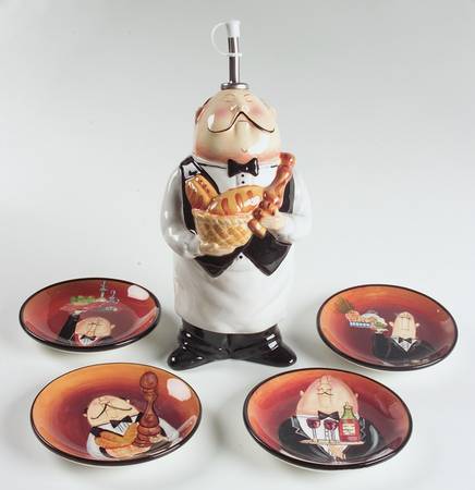 Dinner Is Served Figural Oil Jar/Drizzler with 4 Motif Dip Bowls