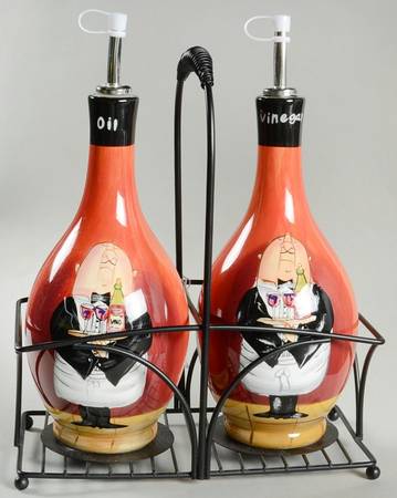 Dinner Is Served Oil & Vinegar Drizzle Jars with Metal Holder