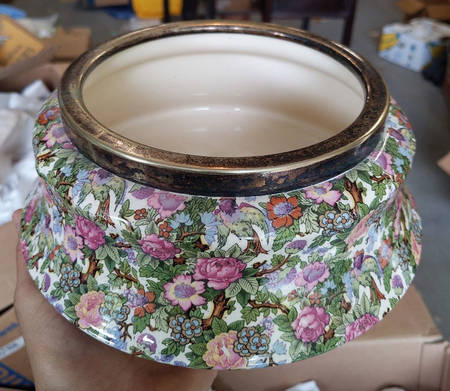 Ivory Chintz (No Black Border) 9" Salad Serving Bowl w/Metal Rim