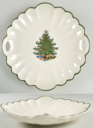 Christmas Tree (Narrow Green Band, White) Handled Chip Dish