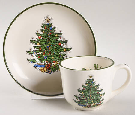 Christmas Tree (Narrow Green Band, White) Oversized Cup & Saucer Set