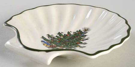 Christmas Tree (Narrow Green Band, White) Small Shell Shaped Dish