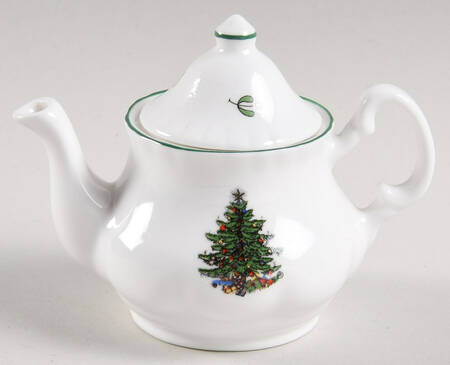 Christmas Tree (Narrow Green Band, White) Toy Teapot & Lid