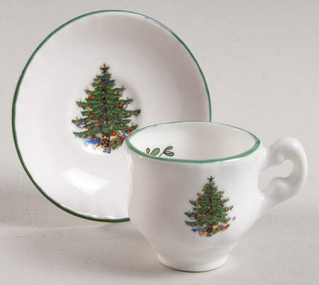 Christmas Tree (Narrow Green Band, White) Footed Toy Cup and Saucer Set