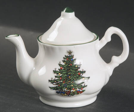 Christmas Tree (Narrow Green Band, White) Toy Teapot & Lid