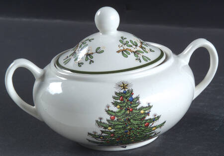 Christmas Tree (Narrow Green Band, White) Sugar Bowl & Lid