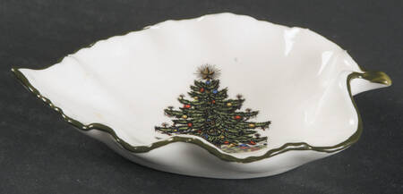 Christmas Tree (Narrow Green Band, White) Small Leaf Dish