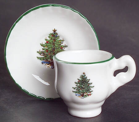 Christmas Tree (Narrow Green Band, White) Footed Toy Cup and Saucer Set