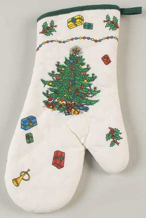 Christmas Tree (Narrow Green Band, White) Cloth Oven Mitt