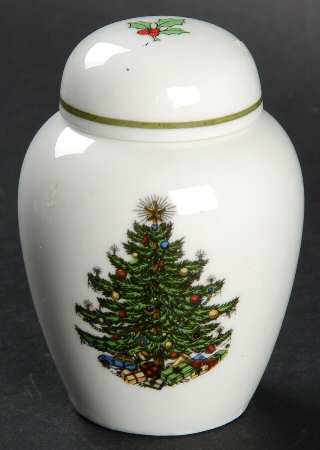 Christmas Tree (Narrow Green Band, White) Mini Ginger Jar & Lid