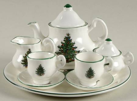 Christmas Tree (Narrow Green Band, White) (10 Piece) Miniature Tea Set