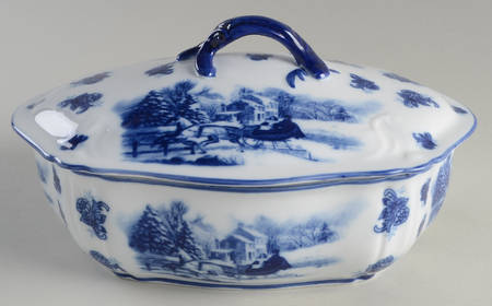 Blue And White Oval Covered Vegetable