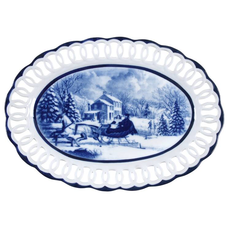 Blue And White 16" Pierced Oval Serving Platter