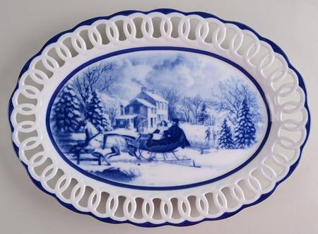 Blue And White 17" Pierced Oval Platter