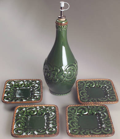 Florentine Green Oil Jar & Drizzler with 4 Dipping Bowls