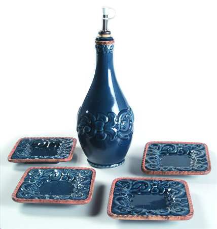 Florentine Blue Oil Jar & Drizzler with 4 Dipping Bowls