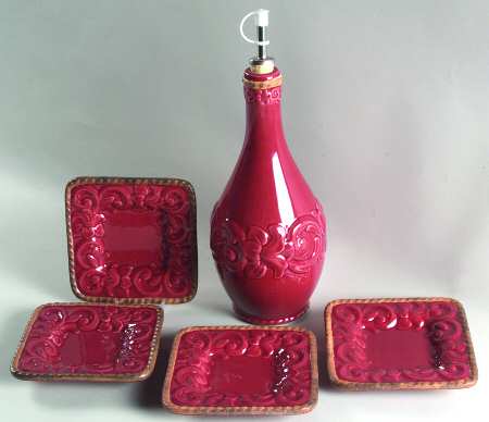 Florentine Burgundy Oil Jar & Drizzler with 4 Dipping Bowls