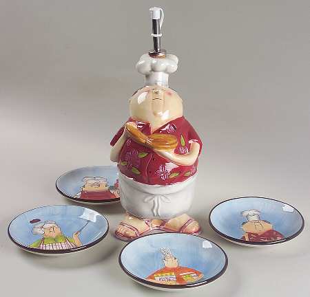 Masters of the Grill Figural Oil Jar/Drizzler with 4 Motif Dip Bowls
