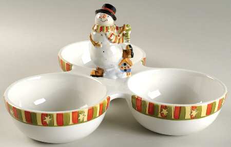 Celebrate Snowman 3-Part Relish with Center Ceramic Handle