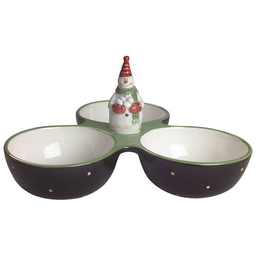 Juggling Snowman 3-Part Relish with Center Ceramic Handle