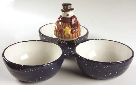 Top Hat Snowman 3-Part Relish with Center Ceramic Handle
