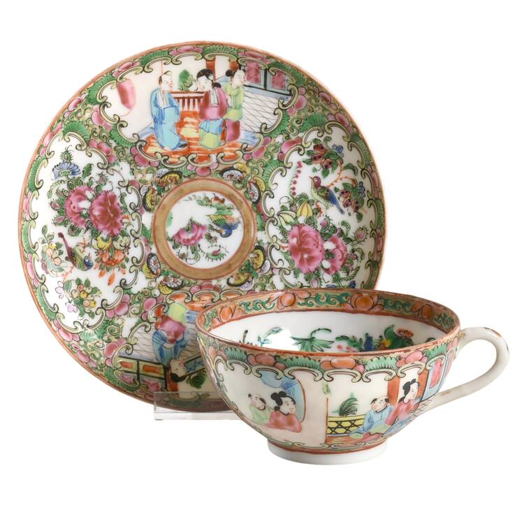 Rose Medallion (With People) Footed Cup & Saucer Set