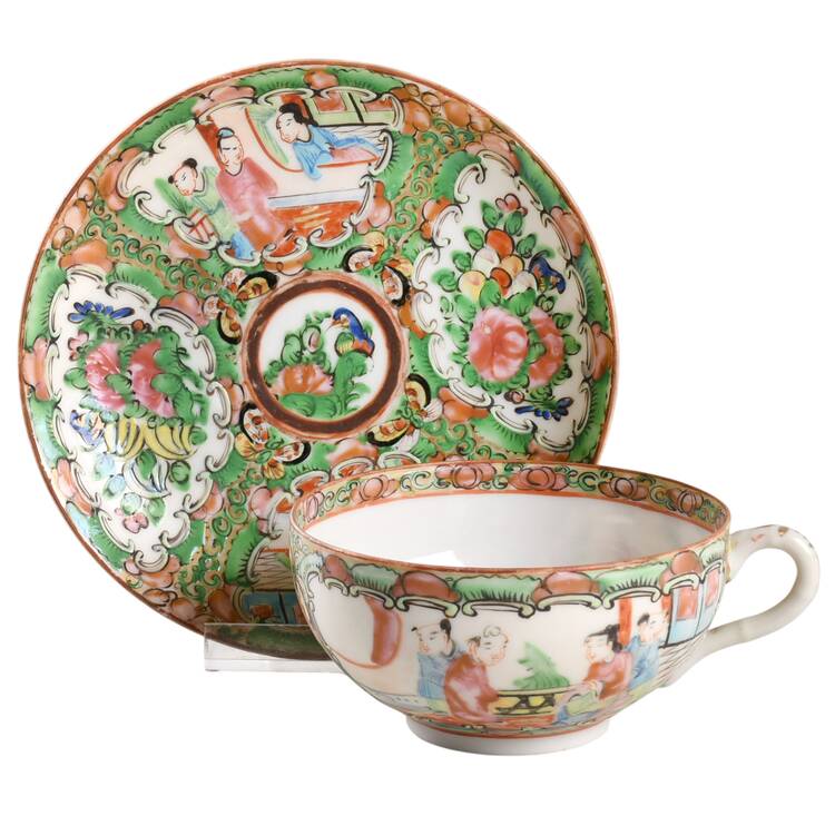 Rose Medallion (With People) Footed Cup & Saucer Set